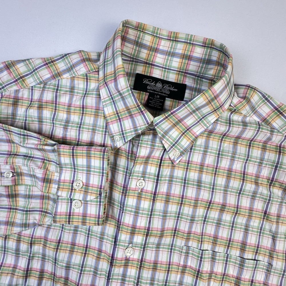 Brooks Brothers Shirt Mens Large Country Club Made In USA Check Egyptian Cotton